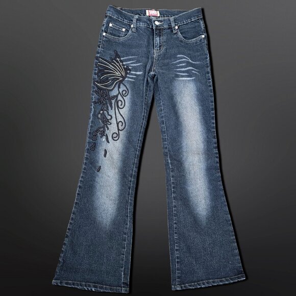 Y2K Embroidered Butterfly Jeans Bootcut Mid Rise Size 7 Fairy Boho Festival - Picture 1 of 8